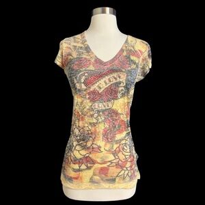 Y2K V Neck Burnout T-shirt Biker True Love Tattoo Print Rhinestones Size Large